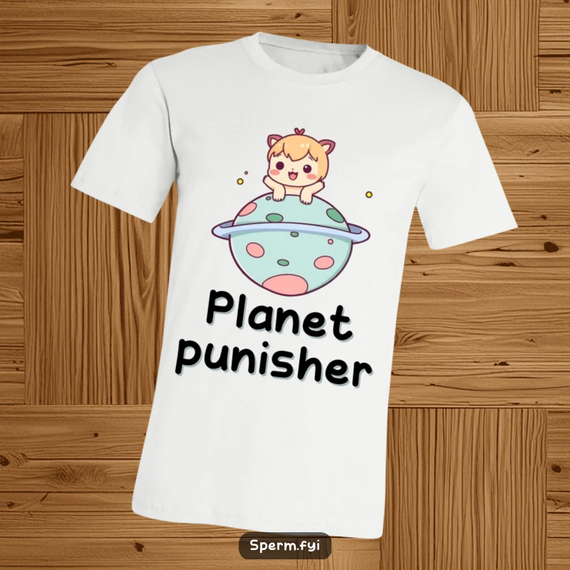 Funny t-shirt featuring a playful character bopping a comical planet, celebrating lighthearted fun in the galaxy.