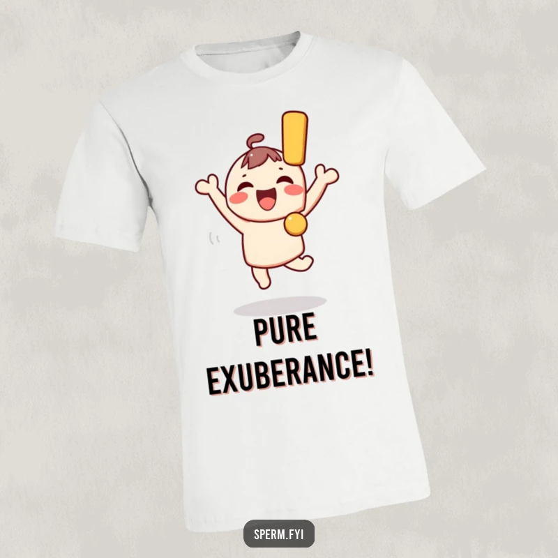 Funny Kawaii Character T-Shirt: A cute Kawaii character jumps joyfully, clutching a huge exclamation mark, a funny symbol of excitement.