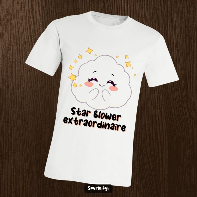 Funny t-shirt featuring a giggling galaxy cloud character blowing bubbles filled with stars, embodying playful and enchanting cosmic fun.