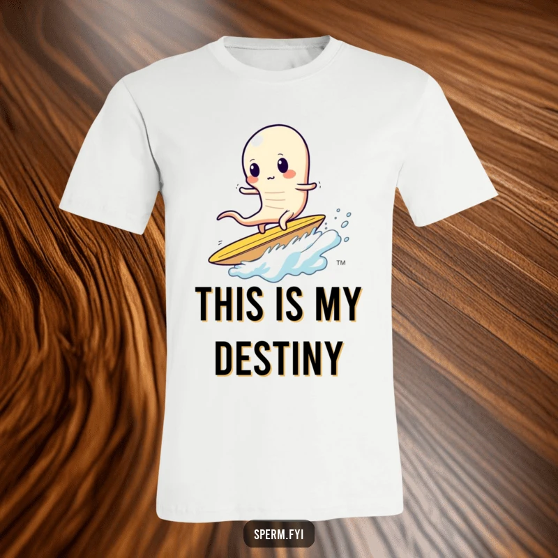 Funny sperm t-shirt, depicted as wobbly while surfing a massive potato chip, extreme snack humor.