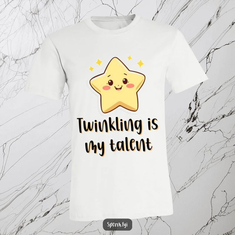 Funny t-shirt graphic of a tiny smiling star character twinkling with infectious enthusiasm and joy.