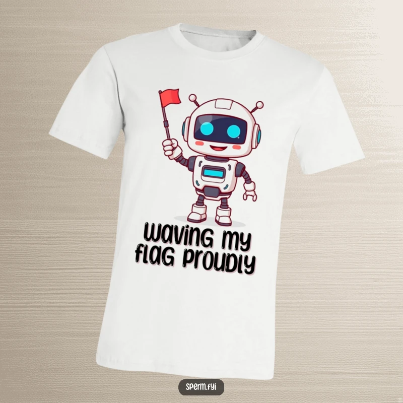 Funny robot t-shirt, smiling, cheerfully waving a tiny flag, expressing happiness and friendly service.