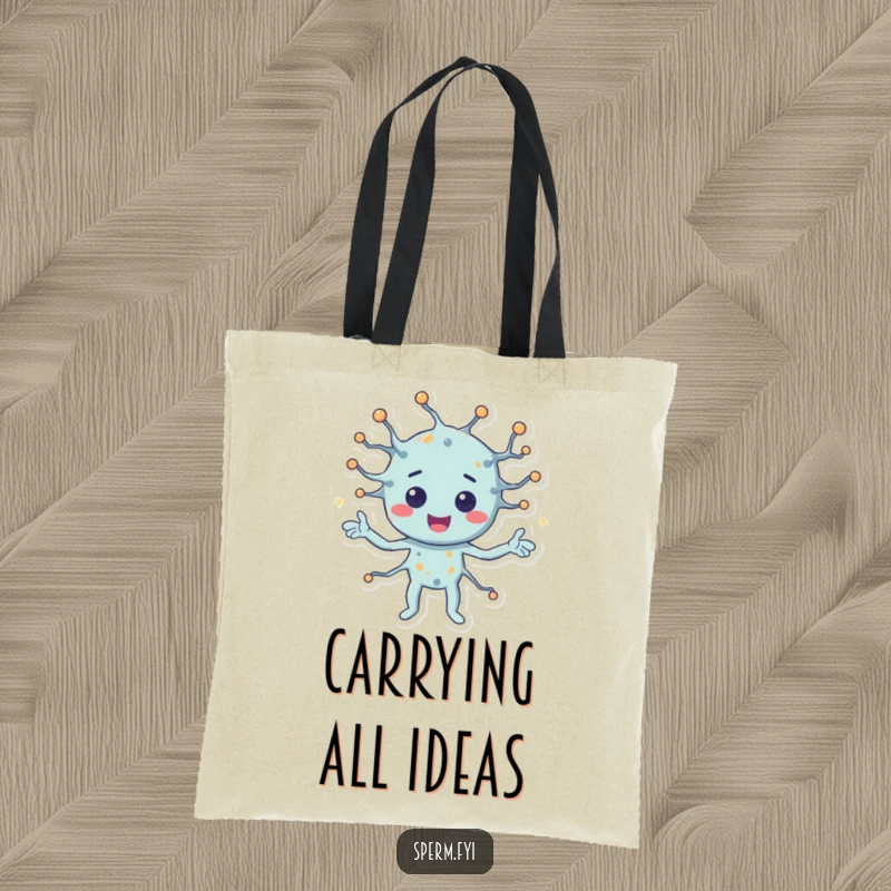 Funny tote bag with a happy neuron character sending signals, perfect for carrying essentials with a brainy, humorous touch.