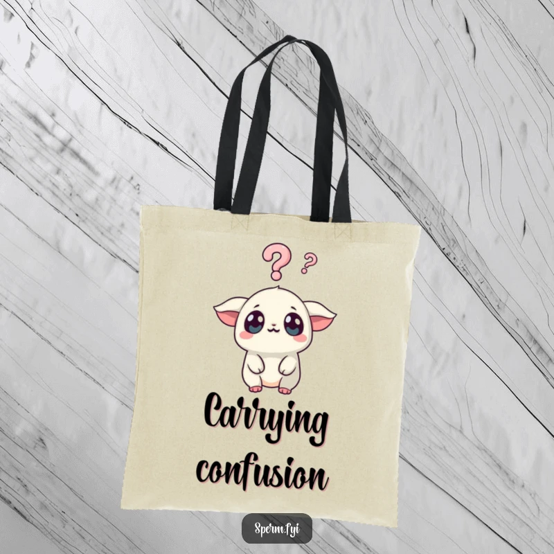 Funny Kawaii Creature Tote Bag: A Kawaii creature with wide, surprised eyes stares at a floating question mark, a funny accessory.