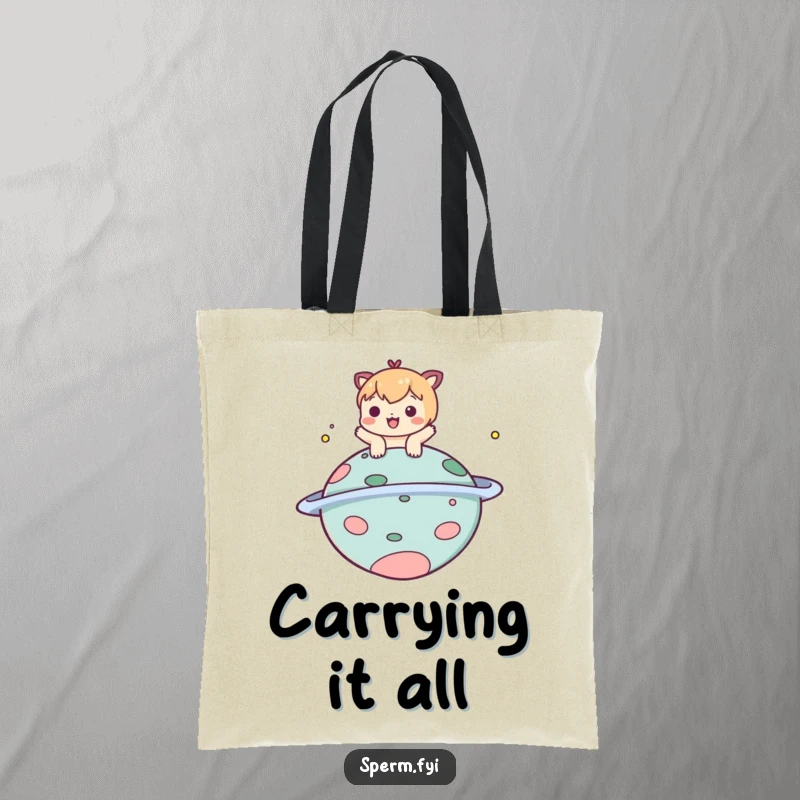 Funny tote bag featuring a playful character bopping a comical planet, perfect for carrying essentials humorously.