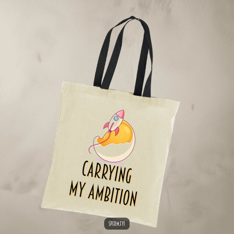Funny rocket sperm tote bag, a sperm-shaped rocket blasting off a giant egg yolk, humorous.