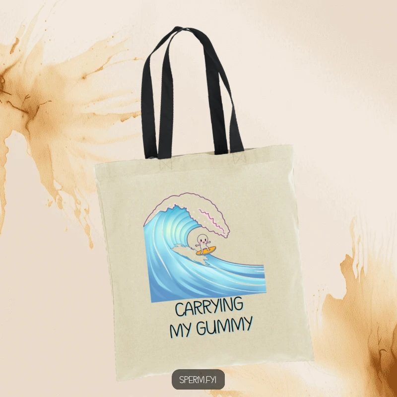 Funny tote bag with a sperm character attempting to surf a giant gummy bear wave, a humorous and practical accessory.