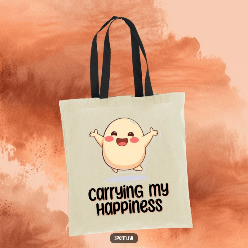 Funny smiling blob character mid-bounce on a tote bag, symbolizing cheerfulness and joyful living.