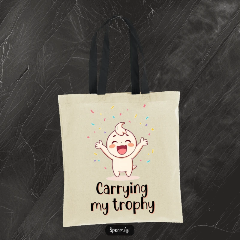 Funny tote bag featuring a delighted character celebrating under a rain of confetti, a practical and cheerful accessory.