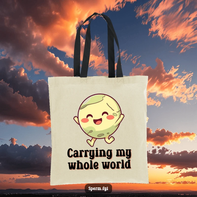 Funny tote bag decorated with a cute planet character captured in a joyful little hop.