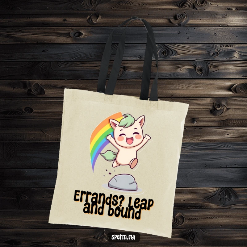 Funny rainbow leap tote bag, a character leaping over an obstacle with a rainbow trail, perfect for shopping and daily use.