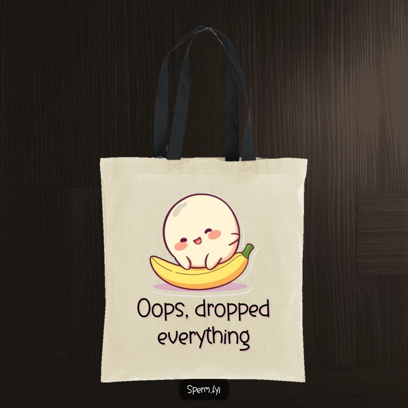 Funny blob character comically slipping on a tiny banana peel, perfect for a humorous tote bag.