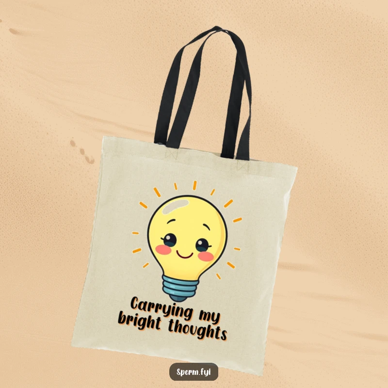 Funny tote bag showcasing a smiling lightbulb character with a bright idea, perfect for carrying essentials.