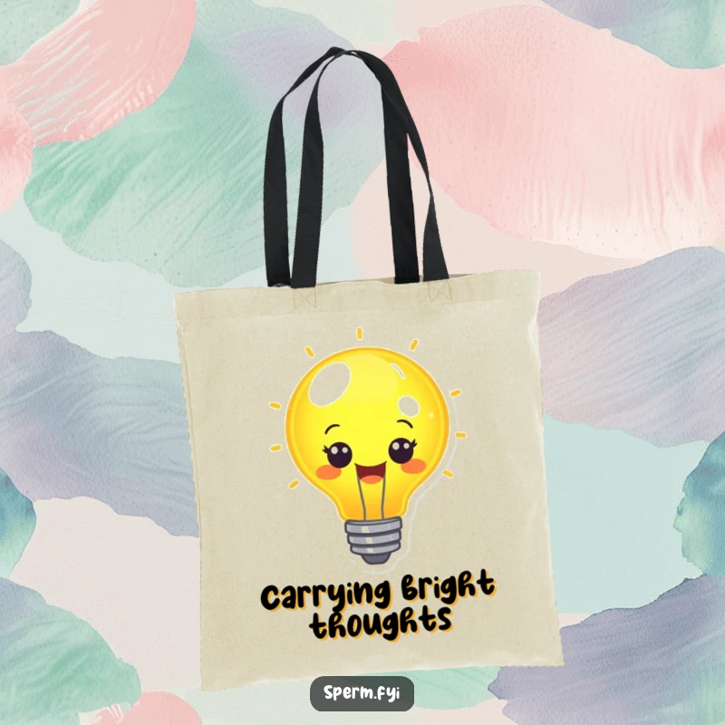 Funny cheerful lightbulb character glowing brightly in a tote bag.