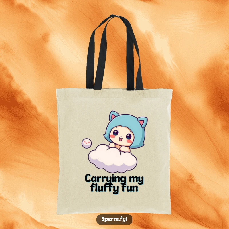 Funny cloud bouncing tote bag, a happy character playing with a small cloud like a ball, perfect for shopping.