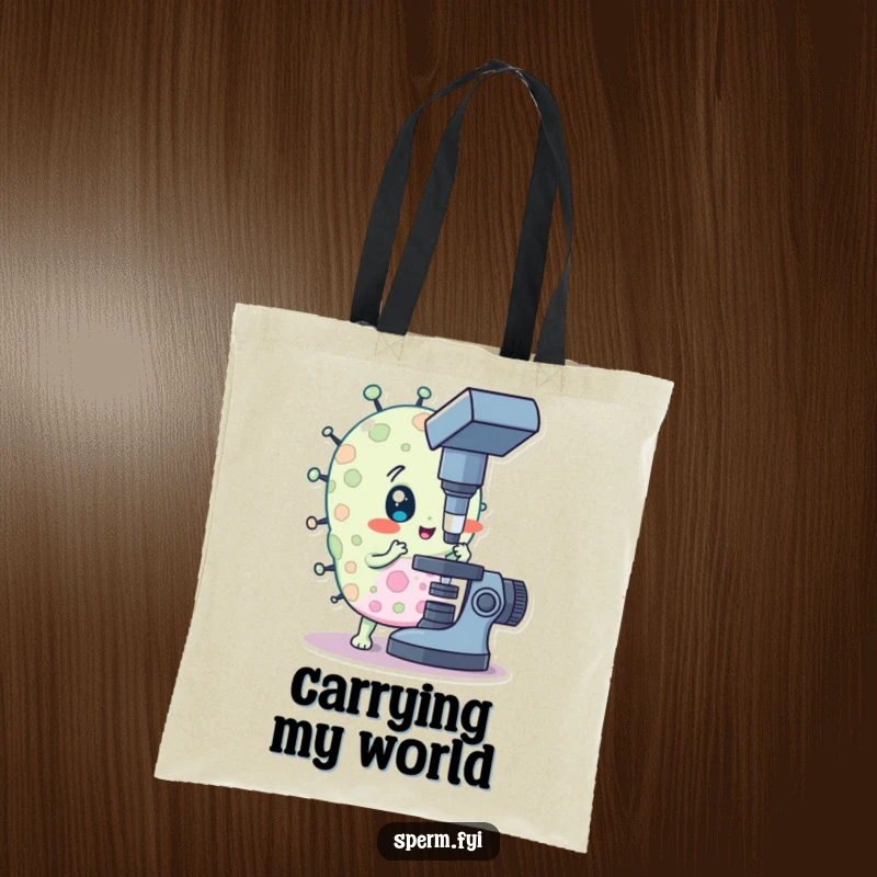 Funny tote bag illustration of a curious bacteria character looking through a microscope, perfect for carrying essentials.