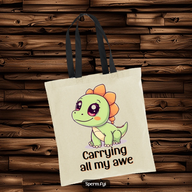 Funny Dinosaur Tote Bag featuring a wide-eyed, curious cartoon dinosaur, a practical and humorous accessory for everyday use.