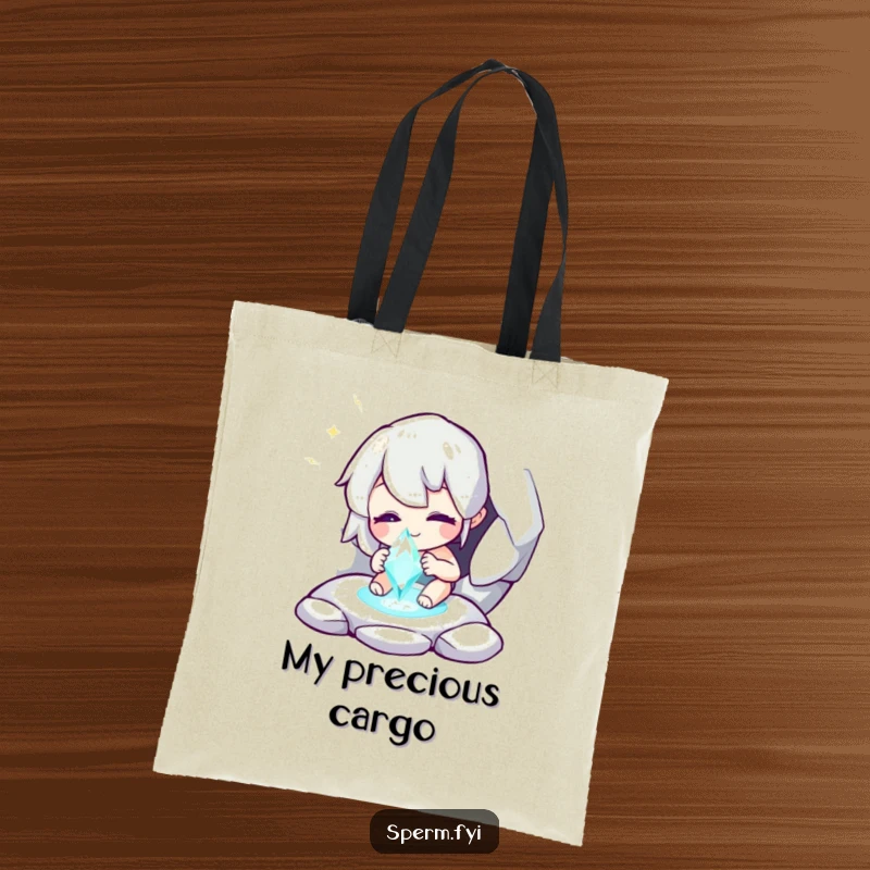 Funny tote bag featuring a whimsical character finding a sparkling gem, perfect for carrying treasures humorously.
