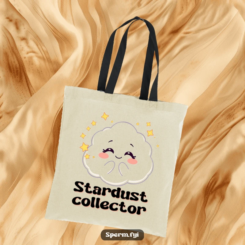 Funny tote bag showcasing a giggling galaxy cloud character blowing bubbles of stars, perfect for carrying essentials with a whimsical touch.