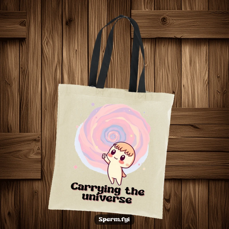 Funny galaxy tote bag featuring a curious character pointing at a swirling galaxy, practical for carrying treasures humorously.