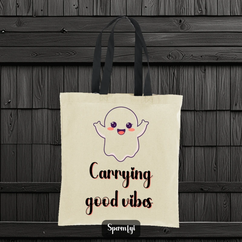 Funny Ghost Tote Bag featuring a cheerful cartoon ghost doing a joyful wobble, a humorous and practical accessory.