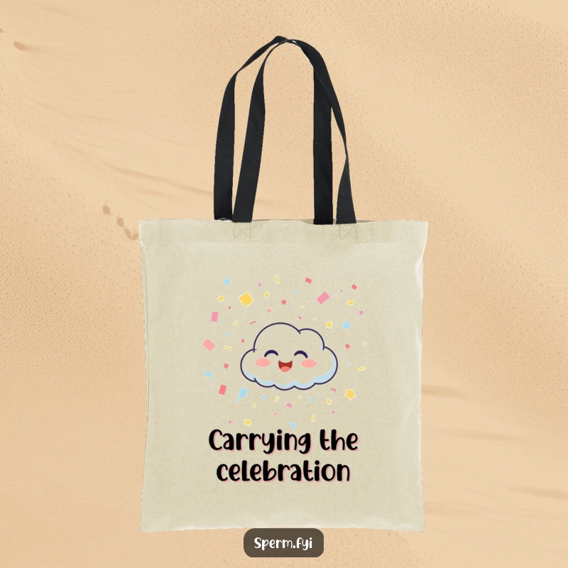 Funny tote bag showing a happy cloud character giggling and raining confetti, perfect for carrying essentials with joyful flair.