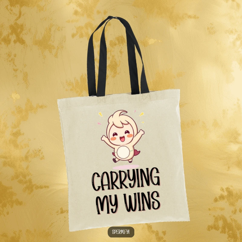 Funny Tote Bag: A cheerful character doing a small, happy, celebratory hop, great for carrying essentials.