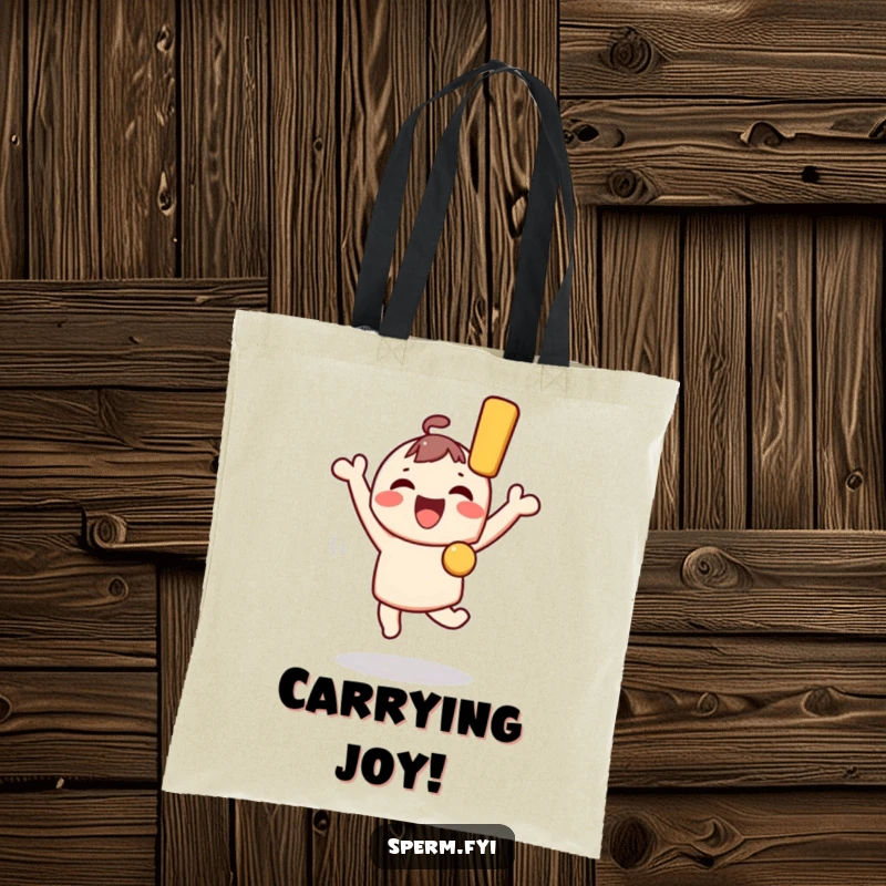 Funny Kawaii Character Tote Bag: A cute Kawaii character celebrates with a jump, holding an exclamation mark, a funny symbol of joy.