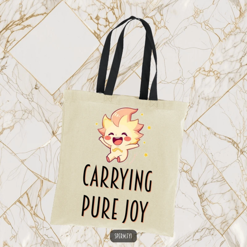 Funny tote bag illustration of a joyous spark character zipping through the air, perfect for carrying essentials.