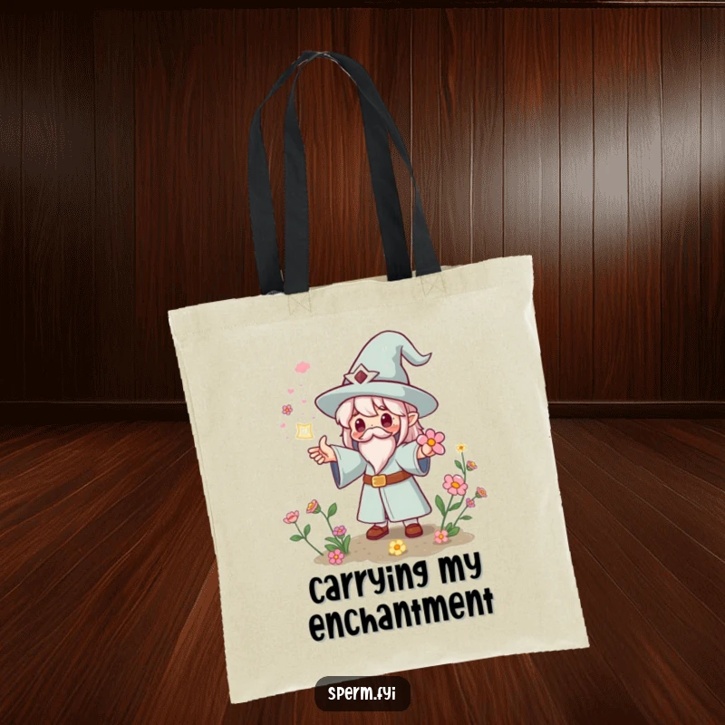 Funny Kawaii wizard tote bag casting a spell for instant flowers, practical and a funny gift.