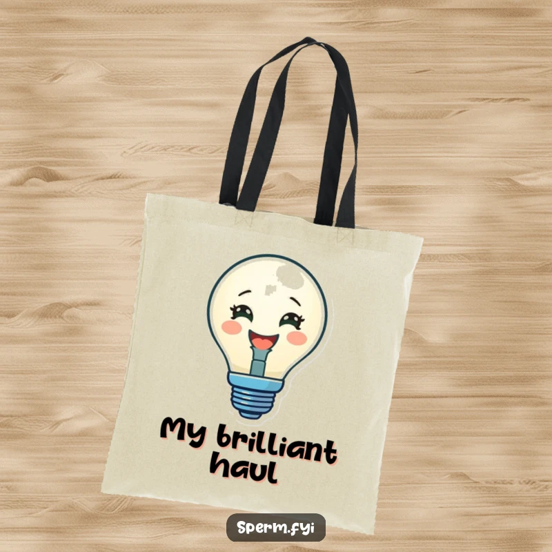 Funny tote bag featuring a delighted lightbulb character glowing brightly, perfect for carrying ideas and essentials.