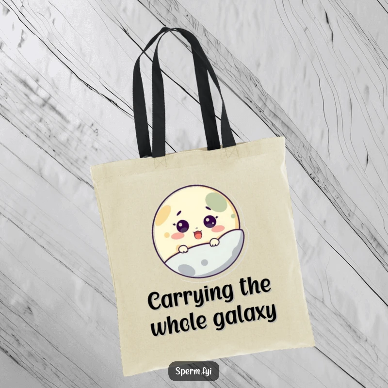 Funny tote bag showcasing a surprised little moon character peeking from behind a planet, ideal for carrying cosmic treasures.