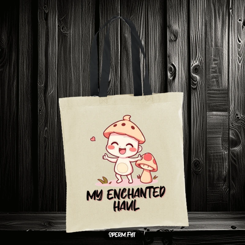 Funny giggling character doing a silly dance with a talking mushroom, featured on a whimsical tote bag.