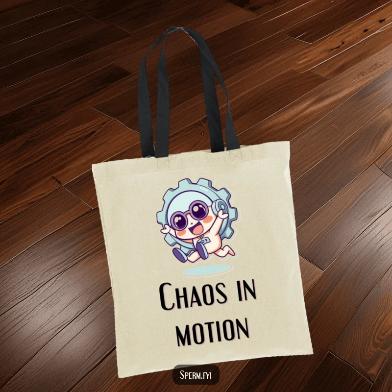 Funny tote bag showing a quirky gear character in a delightful, playful tumble, perfect for carrying essentials with a humorous touch.