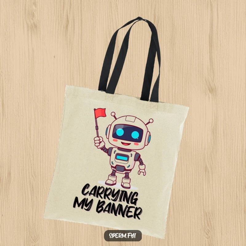 Funny robot tote bag, smiling, cheerfully waving a tiny flag, great for carrying essentials with humor.