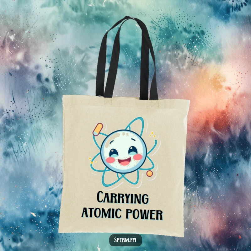 Funny tote bag showing a smiling atom character in a dynamic spin, perfect for carrying items with energetic and humorous style.