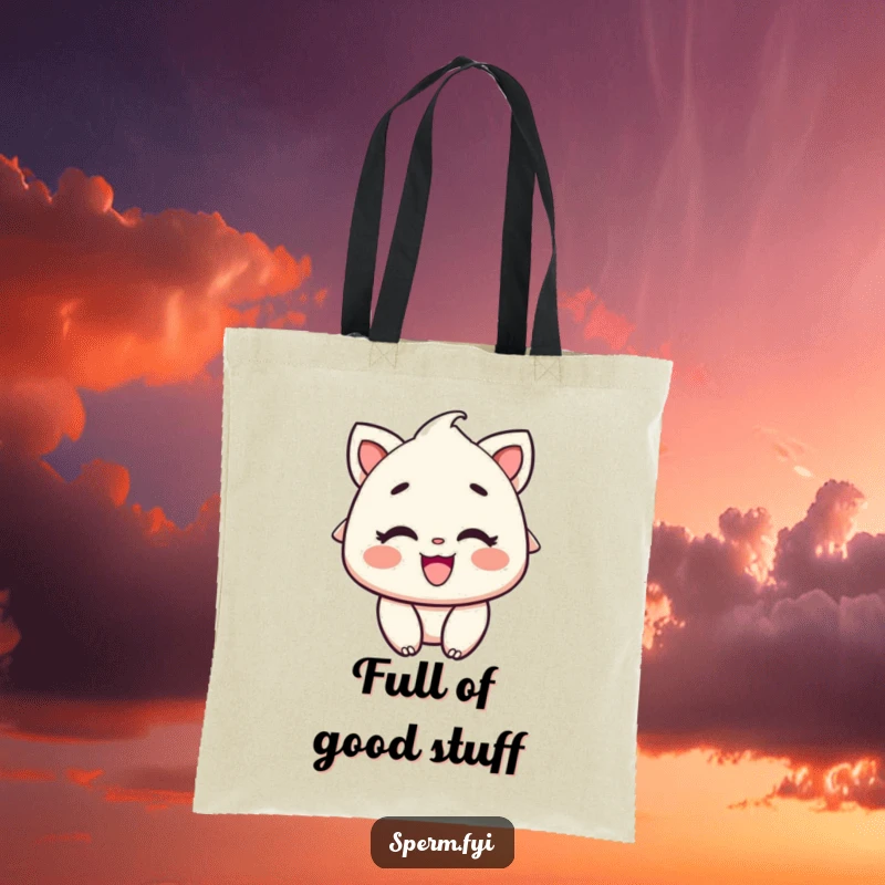 Funny Tote Bag: A character with bright rosy cheeks and a large, delighted smile, perfect for errands.
