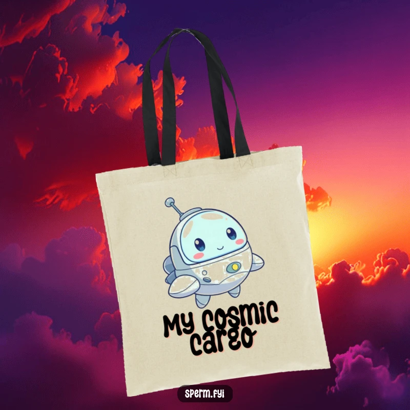 Funny tote bag featuring a bouncing little spaceship character with a determined look, perfect for carrying mission essentials.