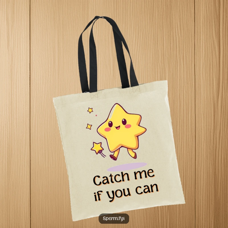 Funny tote bag showcasing a star character in a playful game of tag with a comet, designed for laughter and convenience.