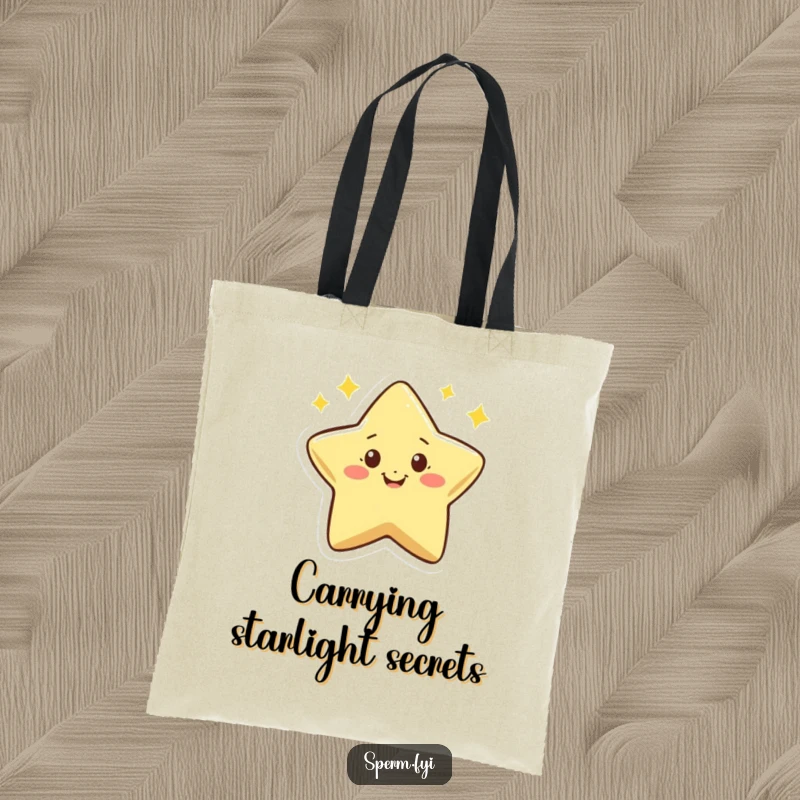 Funny tote bag adorned with a tiny, smiling star character that twinkles with enthusiastic and happy energy.