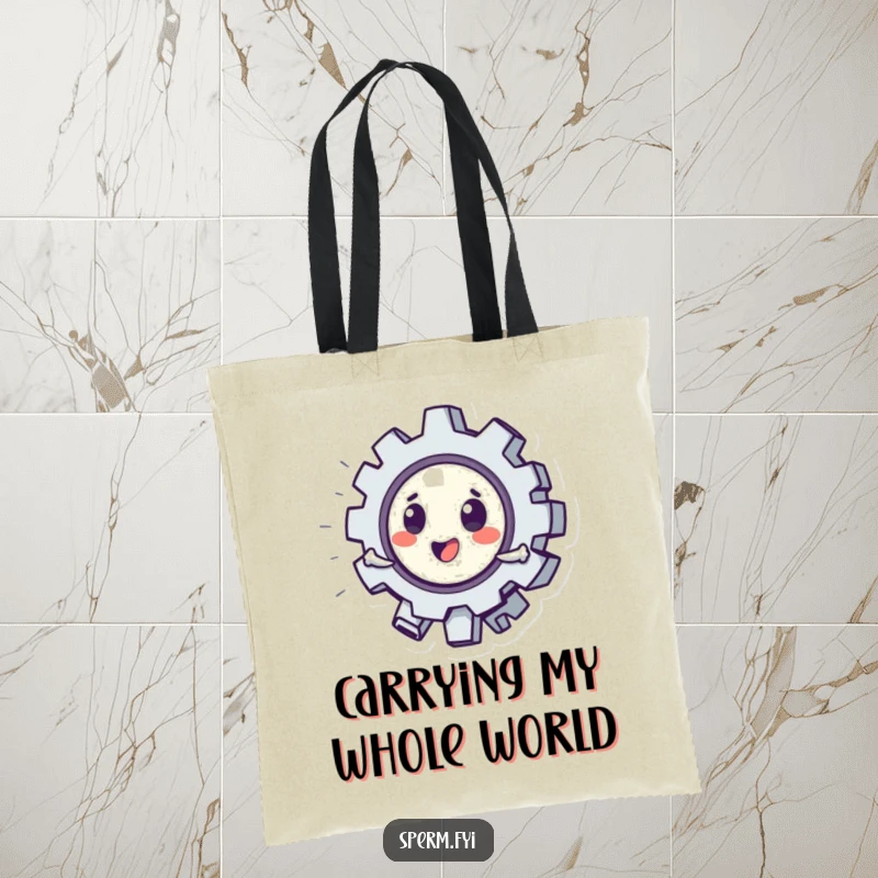 Funny tote bag with a playful gear character spinning rapidly, perfect for carrying items with a humorous flair.