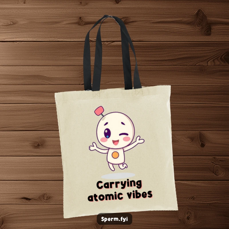 Funny tote bag illustration of a winking atom character doing a fun dance, great for daily use.