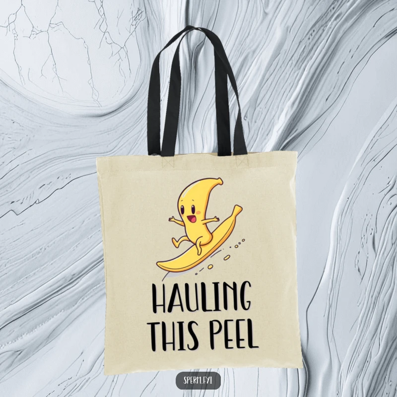 Funny tote bag with a sperm character gleefully riding a banana peel downhill, a humorous and practical accessory.
