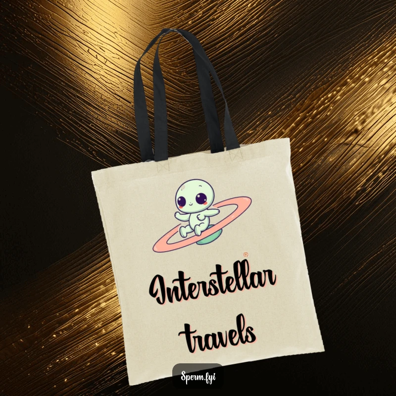 Funny Kawaii alien playfully speeding around a vibrant spinning planet, printed on a durable tote bag for stylish, humorous errands.