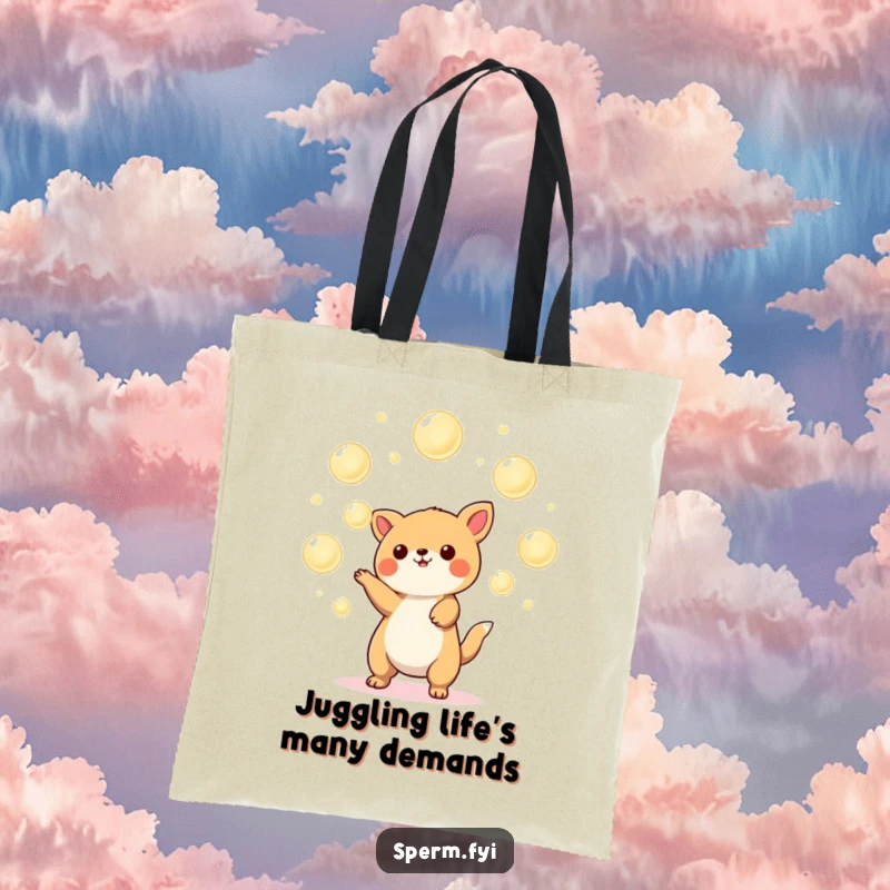 Funny Kawaii animal tote bag showcasing a whimsical juggler with brightly glowing orbs, perfect for carrying daily treasures with flair.