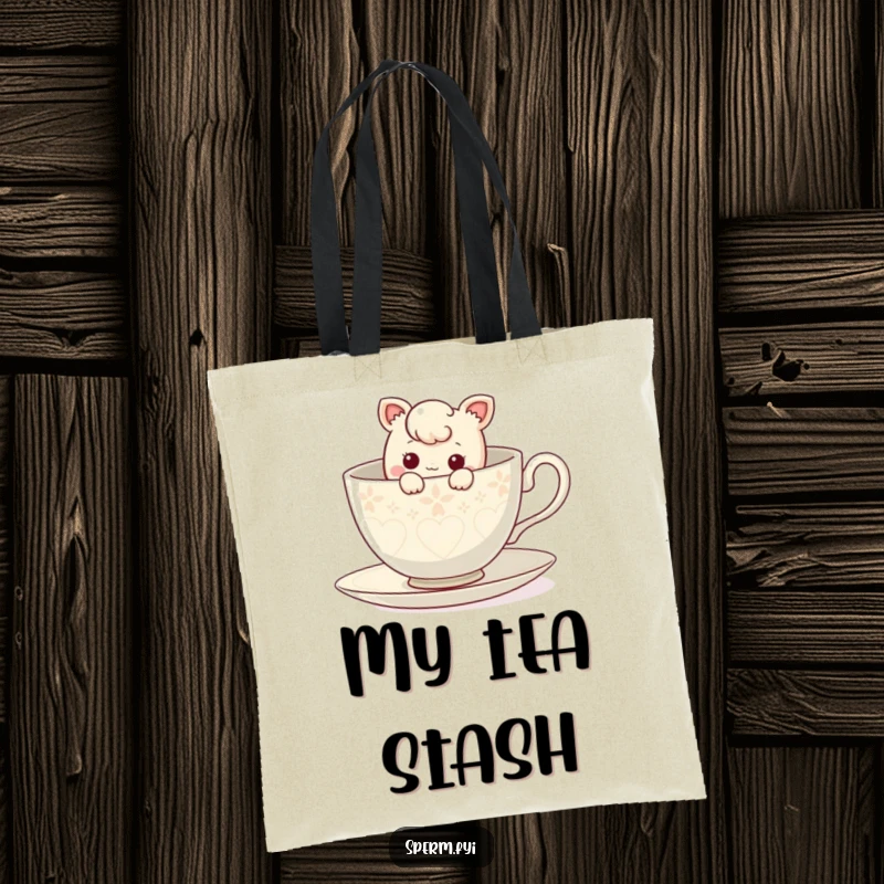 Funny curious character peeking out from inside a giant teacup, perfect for a whimsical tote bag.