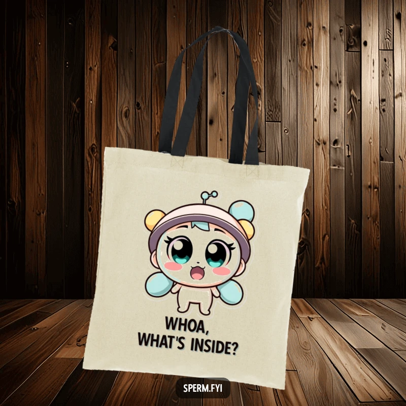 Funny tote bag illustration of a surprised molecule character with wide eyes, great for everyday use.